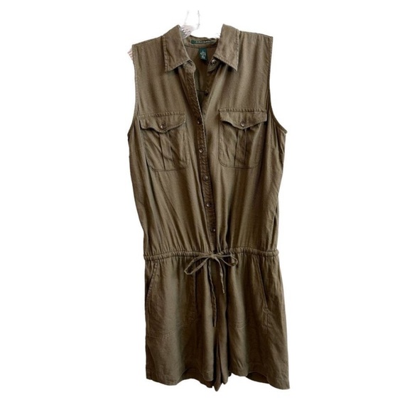 Ralph Lauren linen blend sleeveless romper olive green pockets Size 10 - Picture 4 of 8